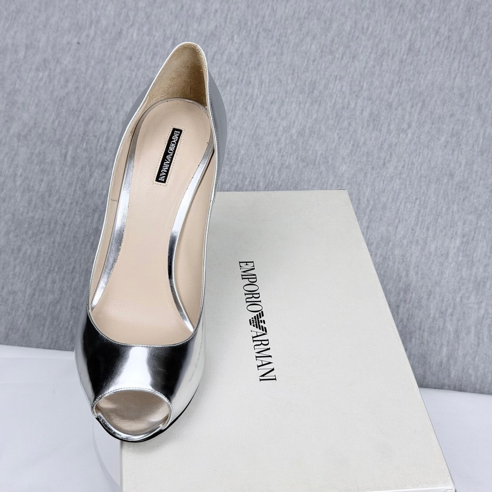 Emporio Armani Silver Metallic Leather Peep Toe Pumps X3G123 Argento EU 40